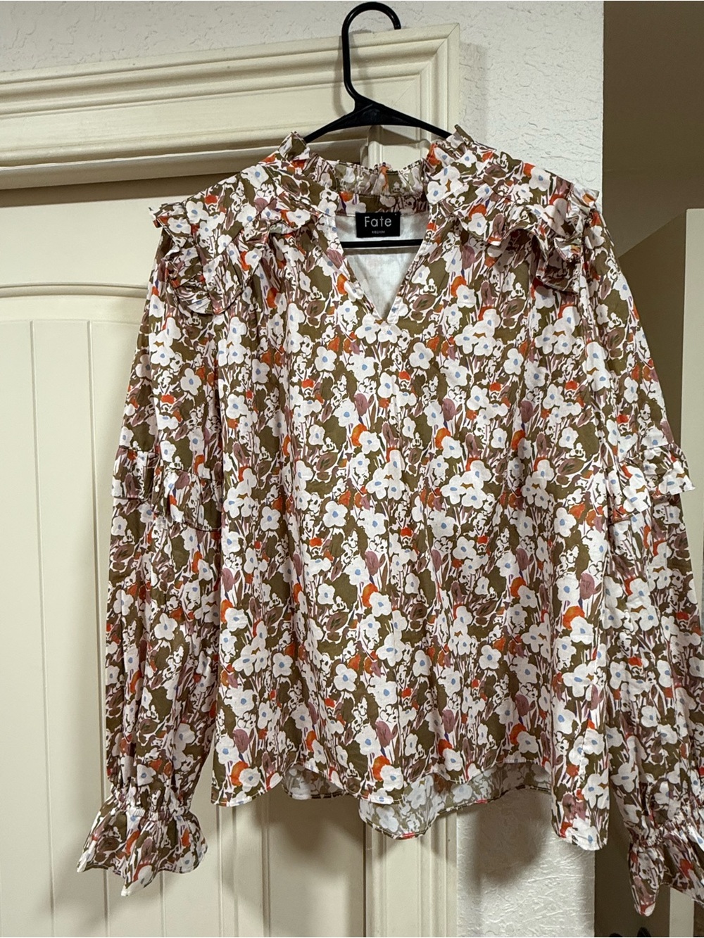 Fate Floral Ruffle V-Neck Blouse in White, Olive green & Orange